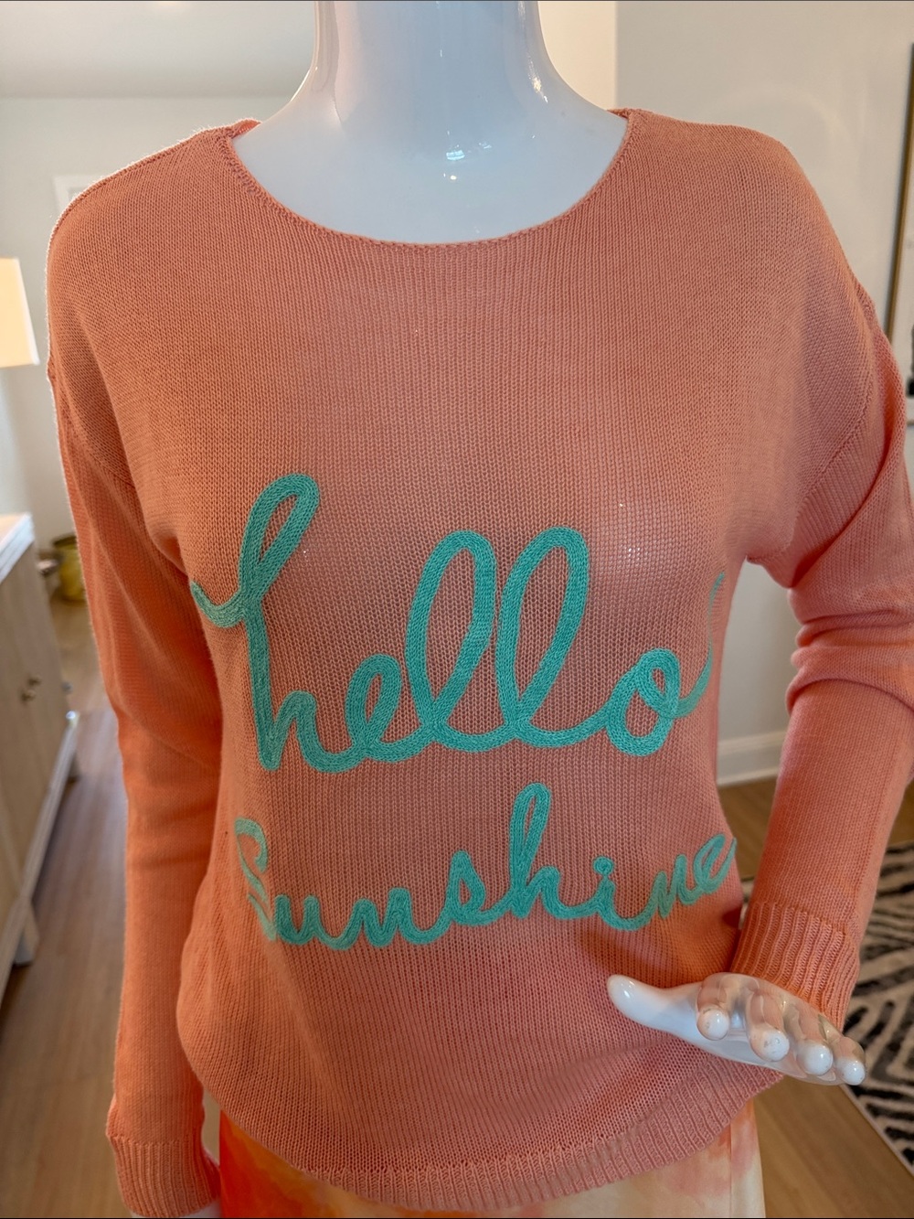 Coral Crewneck Sweater with Turquoise Script